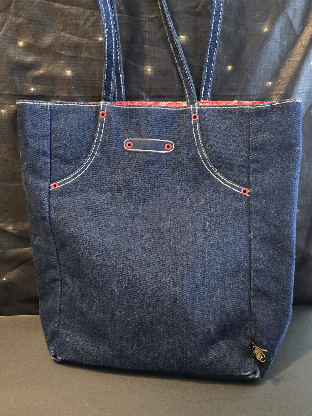 👖 Cherokee Denim Tote Bag Red Bandana Lining Jean Pocket Style